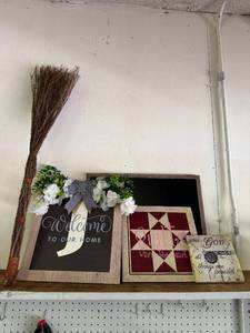 lot 220 image: Home Decor Lot with Welcome Sign, Decorative Broom, and Inspirational Plaques