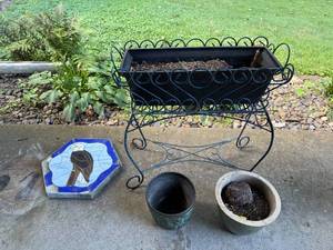 lot 221 image: Outdoor Planter Stand with Metal Box, Ceramic Pots, and Mosaic Bird Stepping Stone