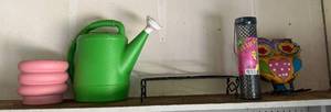 lot 224 image: Garden Accessory Set with Watering Can, Vase, Bird Feeder, Stand, and Owl Decor