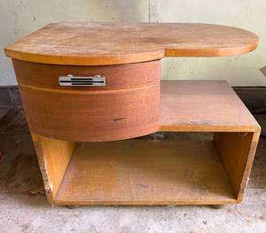 lot 235 image: Vintage Wood Nightstand with Rounded Drawer and Open Shelf - visible wear