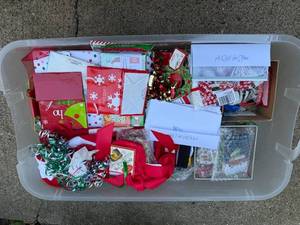 lot 245 image: Large Collection of Holiday Gift Bags, Ribbons, and Christmas Accessories in Tote