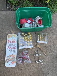 lot 247 image: Holiday Decor Bin with Christmas and Fall Decorations