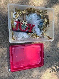 lot 251 image: Assorted Christmas Decor and Nativity Set Collection in Storage Tote