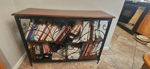 lot 263 image: Metal and Wood Bookcase with Scrollwork and Shelves, 32x44x14 Inches - books not included