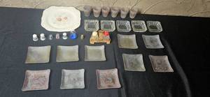 lot 284 image: Assorted Vintage Kitchenware Lot with Homer Laughlin Plate, Glass Coasters, Thimbles, and More