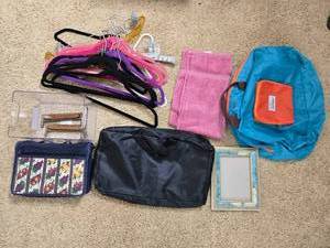 lot 292 image: Household Lot with Bags, Towel Set, Hangers, Handles, and Picture Frame