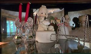 lot 334 image: Precious Moments Figurines and Marquis Crystal Angel Candle Holders Set
