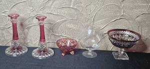lot 343 image: Set of Vintage Glass Pieces - Candle Holders, Compotes, and Bowl