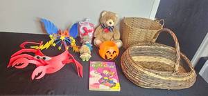 lot 346 image: Assorted Toys, Plush Bear, Baskets, Book and Halloween Pail Set