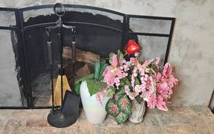 lot 366 image: Fireplace Tool Set with Decorative Vase and Artificial Flower Arrangement