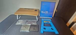 lot 368 image: Lot of Small Office Essentials Lap Desk, Mainstays 16x20 Frame, Folding Step Stool, and Organizers