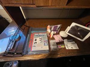 lot 393 image: Craft Supplies and Office Organization Lot Including Photo Album, Magnifying Screen, CD Rack, and Thread Cutter Tool