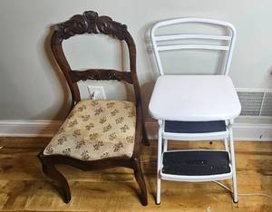 lot 459 image: Pair of Chairs Vintage Wood Floral Upholstered Chair and White Metal Step Stool Chair