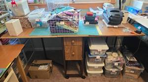 lot 475 image: Sewing and Craft Table with 2-Drawer Storage, 70 in Wide TABLE ONLY