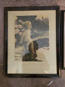 lot 478 image: Framed Art Pair Bessie Pease Gutmann Print The Butterfly & Vintage Embroidered Girl