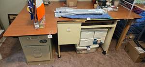 lot 480 image: Large L-Shaped Metal Office Desk with File Drawers and Storage, 68 in Wide