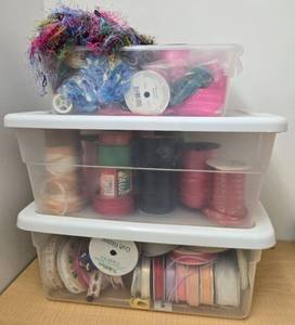 lot 482 image: Large Craft Ribbon Collection with Storage Bins - Assorted Colors and Styles
