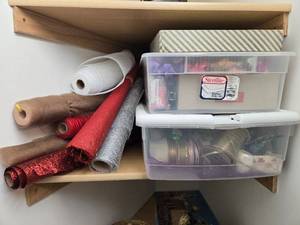 lot 484 image: Collection of Gift Wrap Supplies with Rolls, Bows, Ribbons, and Decorative Pieces