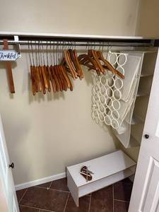 lot 509 image: Closet Organization Set with Wooden Hangers, Hanging Organizer, and Shoe Rack