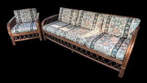 lot 14 image: Vintage Rattan Patio Sofa and Chair Set with Floral Upholstery
