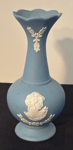 lot 33R image: Vintage Blue Jasperware Style Vase with Cameo Relief