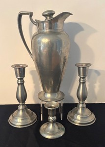 lot 35R image: Vintage Pewter Pitcher and Candleholders Set