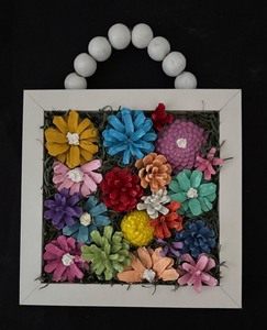 lot 42 image: Vintage Framed Floral Decor with Colorful Pine Cones