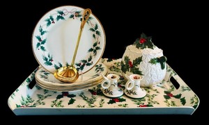 lot 77 image: Large Christmas Dinnerware Lot with Plates, Cookie Jar, Tray, and Accessories