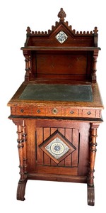lot 1 image: Antique Victorian Davenport Desk with Decorative Tile Inlays and Drawers