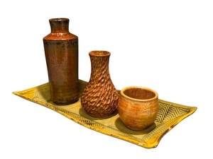 lot 16D image: Artisan Pottery Collection with 3 Vessels and Patterned Tray
