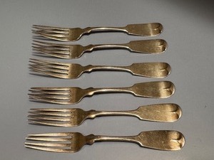 lot 34D image: Set of 6 Antique Coin Silver Forks Matson & Hoes Monogrammed