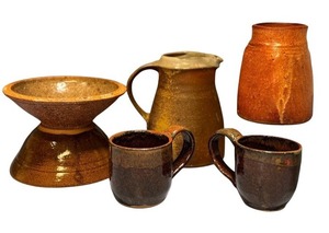 lot 203 image: Assorted Artisan Pottery Collection with Bowls, Mugs, and Pitcher