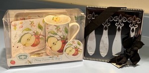 lot 212 image: Mug Coaster and Tray Set with Apple Design and Stainless Steel Serving Utensils