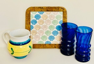 lot 405 image: Kitchenware Collection with 2 Blue Glass Cups, Ceramic Mug, and Decorative Tile