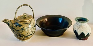 lot 343 image: Artisan Pottery Teapot, Bowl, and Vase Set Including Mary Anderson Piece