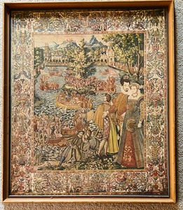 lot 311 image: Vintage Framed Embroidery Artwork 23 x 27 with Medieval Scene