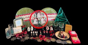 lot 146 image: Holiday Tableware and Decor Collection Including Plates, Glasses, and Spreader Knives