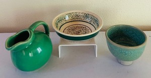 lot 70 image: Set of 3 Artisan Glazed Pottery Pieces Pitcher, Bowl, and Cup