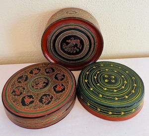 lot 54 image: Set of 3 Hand-Painted Decorative Wooden Stacking Lidded Boxes