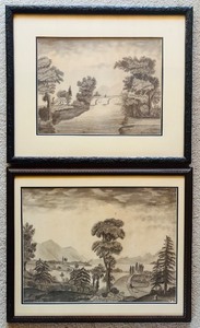 lot 81 image: Pair of Framed Vintage Landscape Etchings with Trees and Architectural Accents