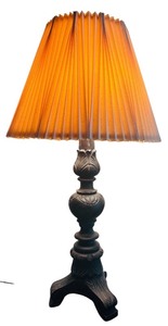lot 89 image: Carved Wooden Table Lamp with Pleated Beige Shade