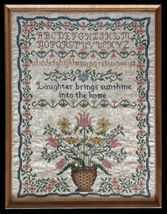 lot 151 image: Framed Vintage Embroidered Sampler with Floral Basket