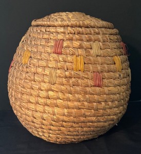 lot 99 image: Vintage Woven Lidded Basket with Color Accents
