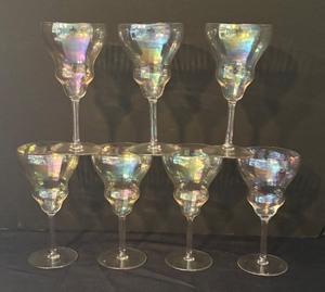 lot 112 image: Set of 7 Vintage Iridescent Stemware Wine Glasses