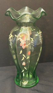 lot 125 image: Vintage Hand Painted Green Glass Vase with Floral Design
