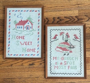 lot 130 image: Pair of Framed Vintage Embroidered Wall Hangings