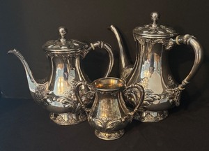 lot 219 image: Vintage Silver Plated Coffee Pot, Tea Pot, and Sugar Dish Set