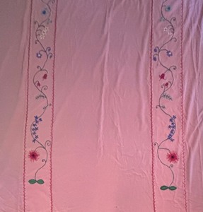lot 238 image: Vintage Pink Bedspread with Embroidered Floral Panels