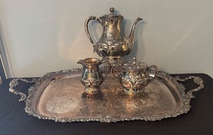 lot 279 image: Vintage Silver Plated Coffee Service Set with Tray, Sugar, and Creamer