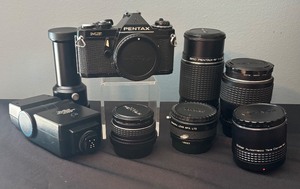 lot 325 image: Pentax ME Film Camera with Lenses, Vivitar Flash and More
